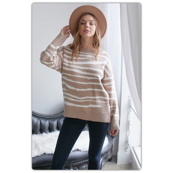 Tan and White Zebra Striped Sweater - Picture 2 of 8